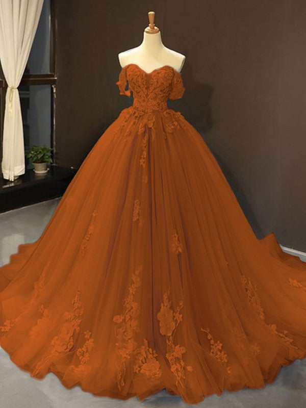 Ball Gown Tulle Off-the-Shoulder Sleeveless Applique Chapel Train Prom Dress