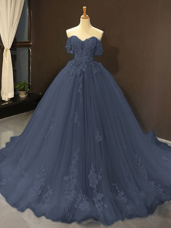 Ball Gown Tulle Off-the-Shoulder Sleeveless Applique Chapel Train Prom Dress