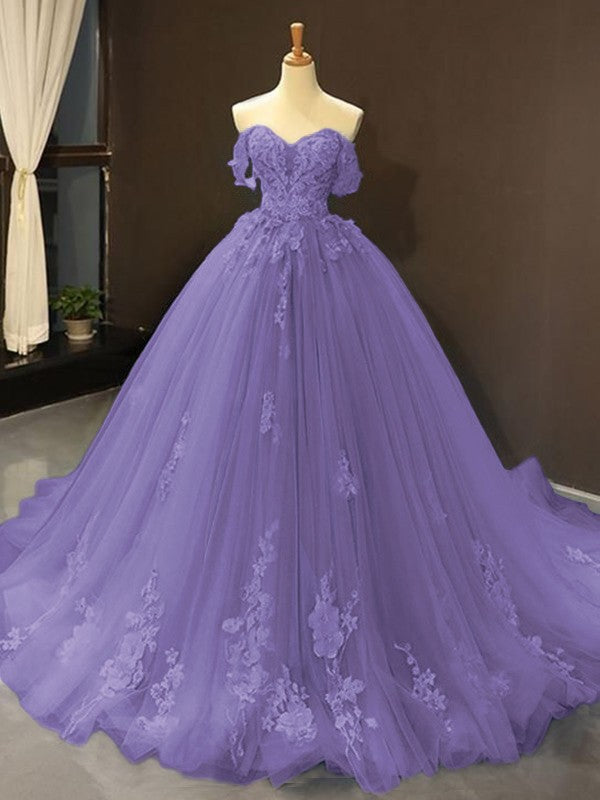 Ball Gown Tulle Off-the-Shoulder Sleeveless Applique Chapel Train Prom Dress
