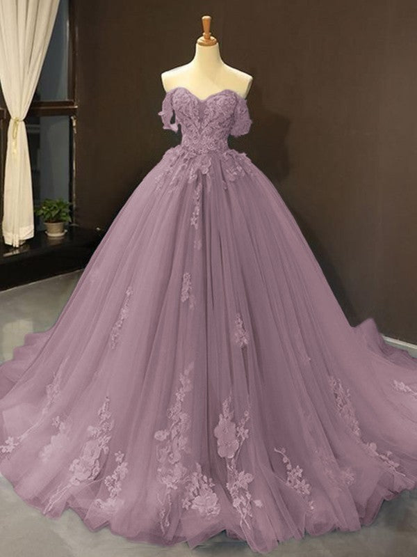 Ball Gown Tulle Off-the-Shoulder Sleeveless Applique Chapel Train Prom Dress
