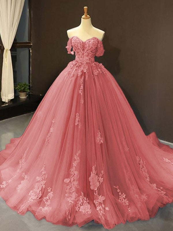 Ball Gown Tulle Off-the-Shoulder Sleeveless Applique Chapel Train Prom Dress
