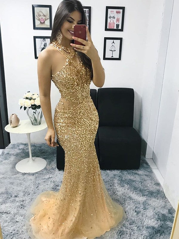 Trumpet/Mermaid Tulle Beading Halter Sleeveless Sweep/Brush Train Prom Dress