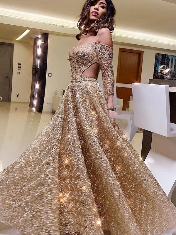 A-Line/Princess Off-the-Shoulder Long Sleeves Sequins Ruffles Floor-Length Prom Dress