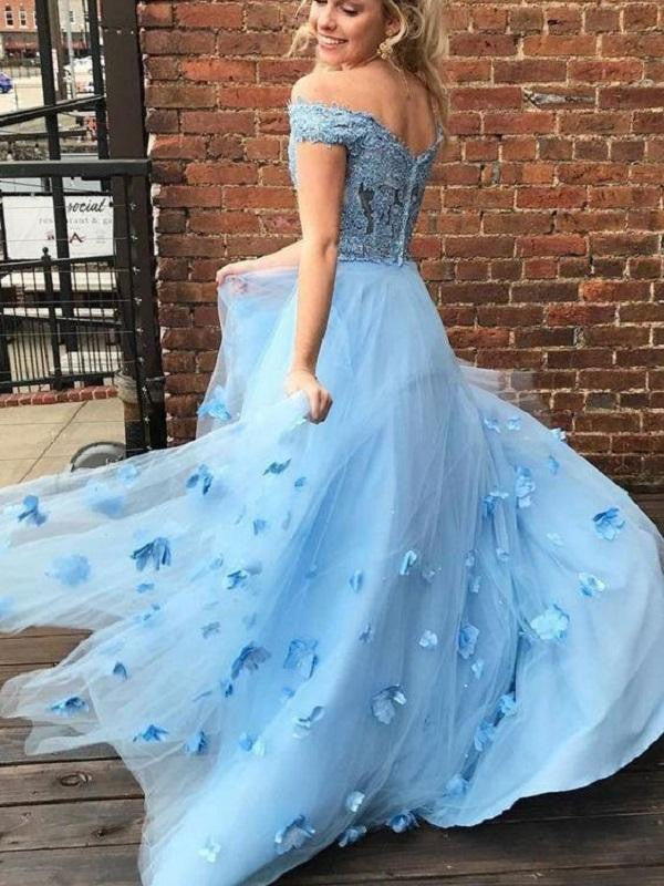 A-Line/Princess Tulle Off-the-Shoulder Applique Sleeveless Floor-Length Prom Dress