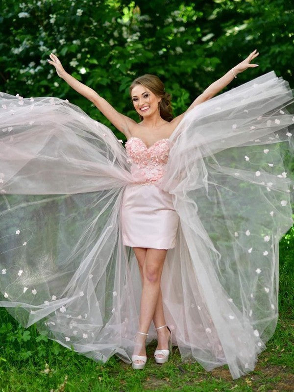 A-Line/Princess Tulle Sweetheart Sleeveless Hand-Made Flower Sweep/Brush Train Prom Dress