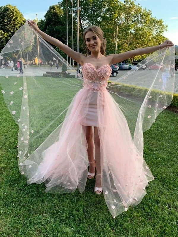 A-Line/Princess Tulle Sweetheart Sleeveless Hand-Made Flower Sweep/Brush Train Prom Dress