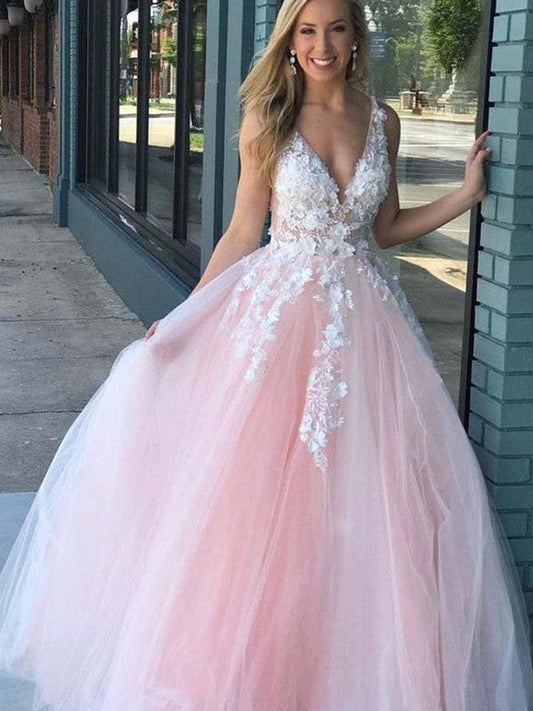 A-Line/Princess V-neck Tulle Applique Sleeveless Floor-Length Prom Dress