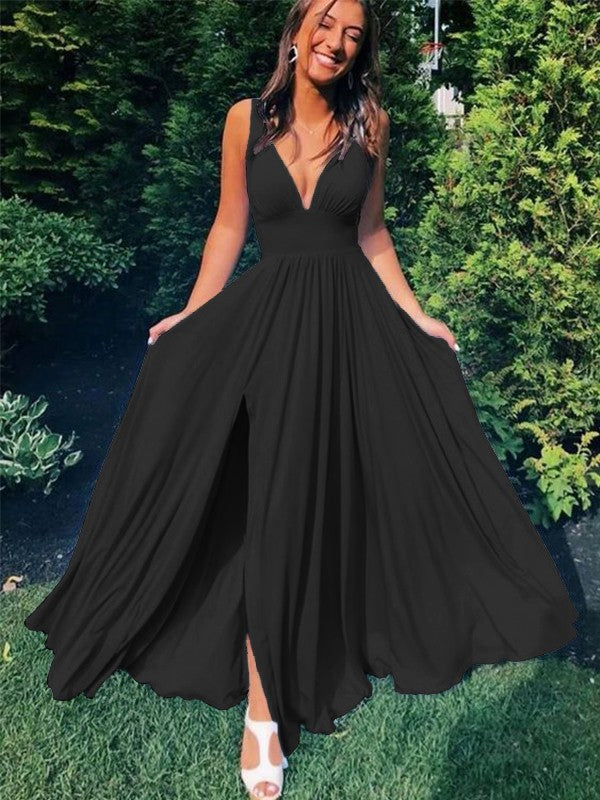 A-Line/Princess Sleeveless Jersey V-neck Ruffles Floor-Length Prom Dress