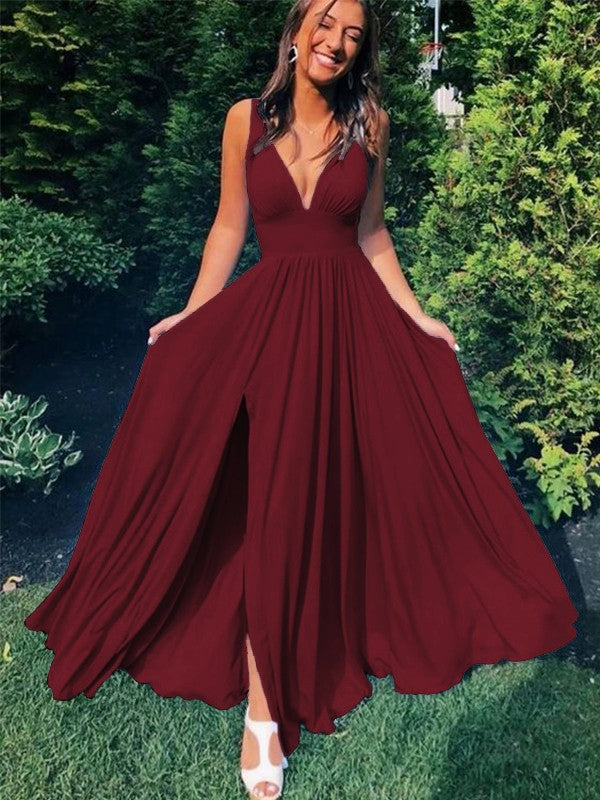 A-Line/Princess Sleeveless Jersey V-neck Ruffles Floor-Length Prom Dress