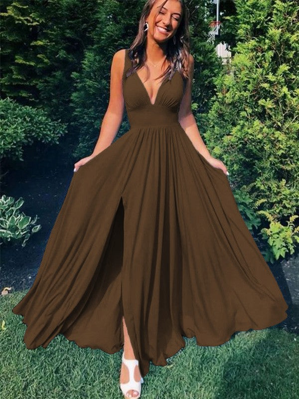A-Line/Princess Sleeveless Jersey V-neck Ruffles Floor-Length Prom Dress