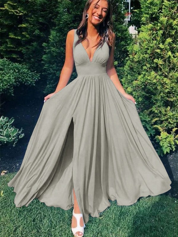 A-Line/Princess Sleeveless Jersey V-neck Ruffles Floor-Length Prom Dress