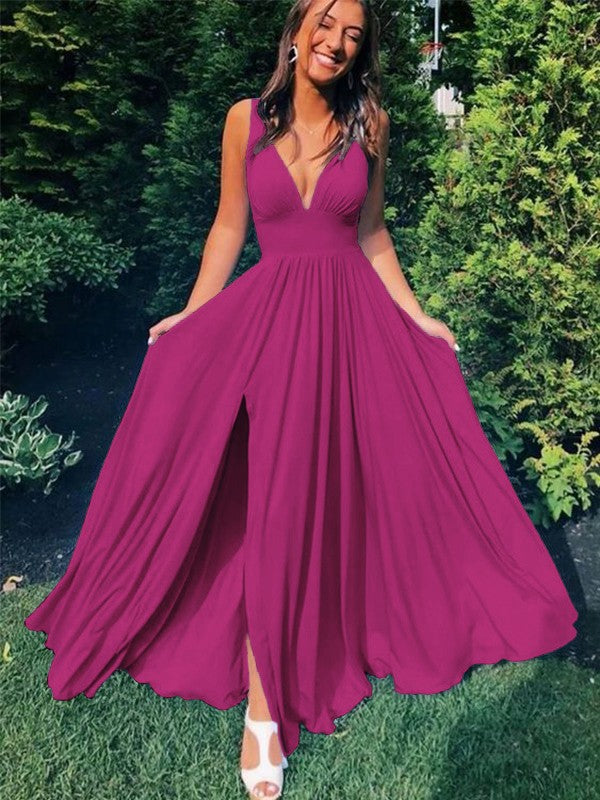 A-Line/Princess Sleeveless Jersey V-neck Ruffles Floor-Length Prom Dress