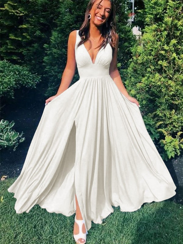 A-Line/Princess Sleeveless Jersey V-neck Ruffles Floor-Length Prom Dress