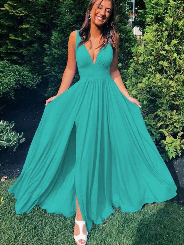 A-Line/Princess Sleeveless Jersey V-neck Ruffles Floor-Length Prom Dress