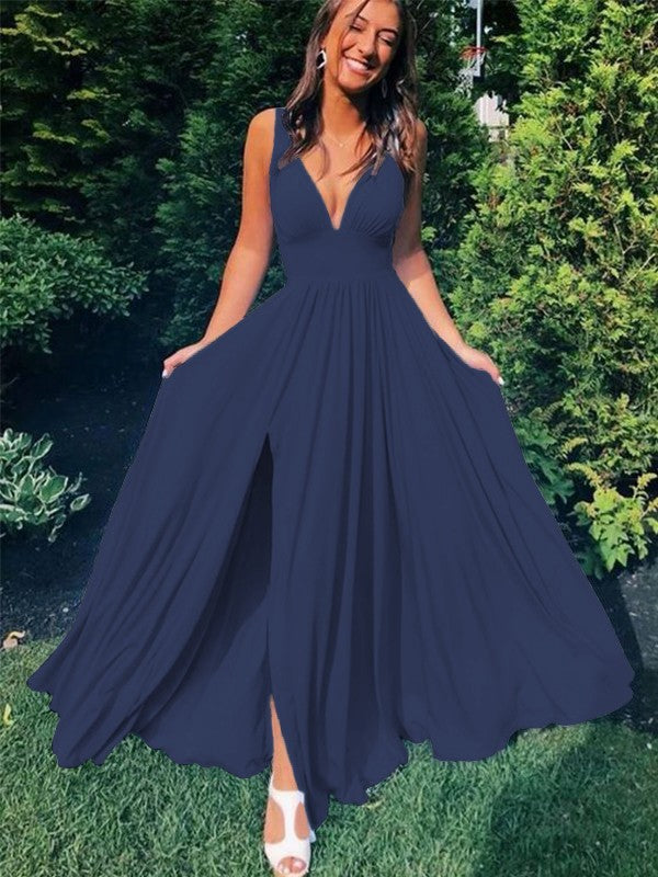 A-Line/Princess Sleeveless Jersey V-neck Ruffles Floor-Length Prom Dress