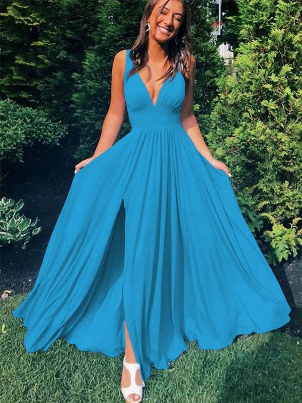 A-Line/Princess Sleeveless Jersey V-neck Ruffles Floor-Length Prom Dress