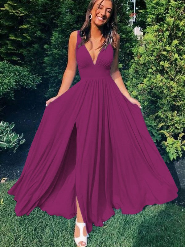 A-Line/Princess Sleeveless Jersey V-neck Ruffles Floor-Length Prom Dress