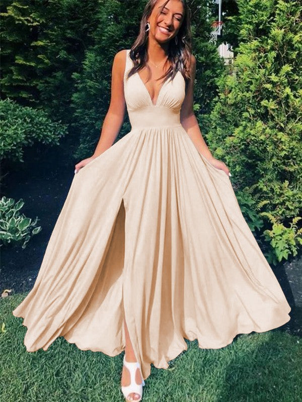 A-Line/Princess Sleeveless Jersey V-neck Ruffles Floor-Length Prom Dress