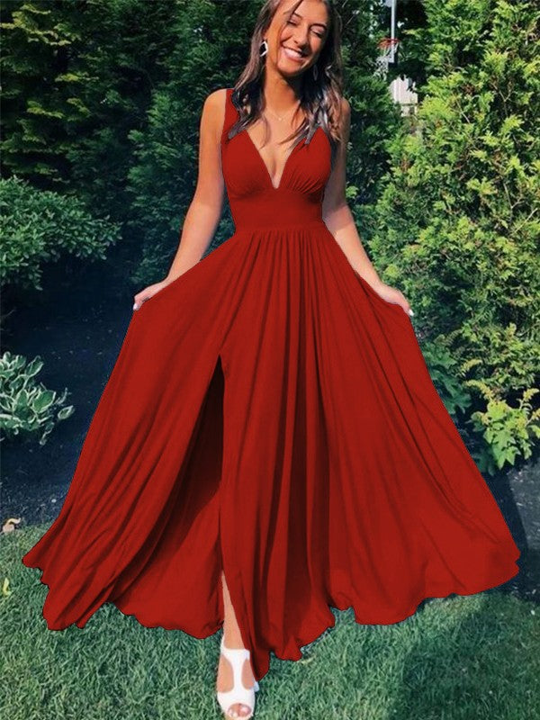 A-Line/Princess Sleeveless Jersey V-neck Ruffles Floor-Length Prom Dress