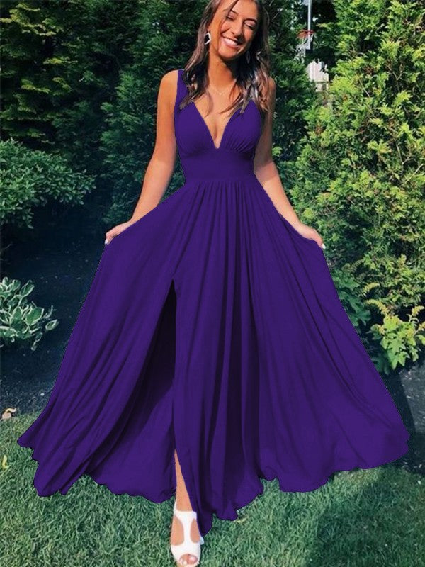 A-Line/Princess Sleeveless Jersey V-neck Ruffles Floor-Length Prom Dress