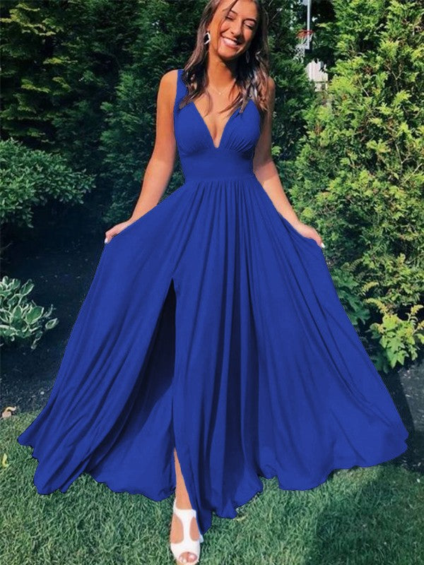 A-Line/Princess Sleeveless Jersey V-neck Ruffles Floor-Length Prom Dress