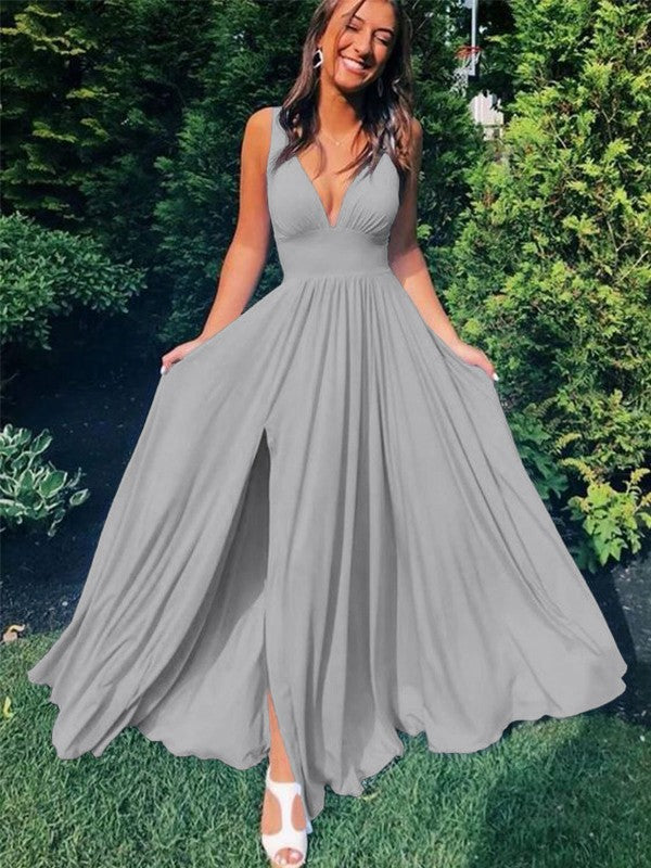 A-Line/Princess Sleeveless Jersey V-neck Ruffles Floor-Length Prom Dress