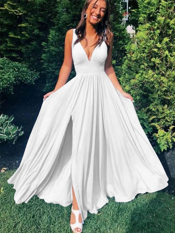 A-Line/Princess Sleeveless Jersey V-neck Ruffles Floor-Length Prom Dress