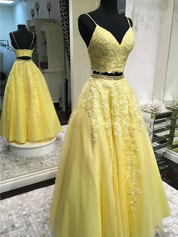 A-Line/Princess Tulle Applique Sleeveless V-neck Floor-Length Two Piece Prom Dress