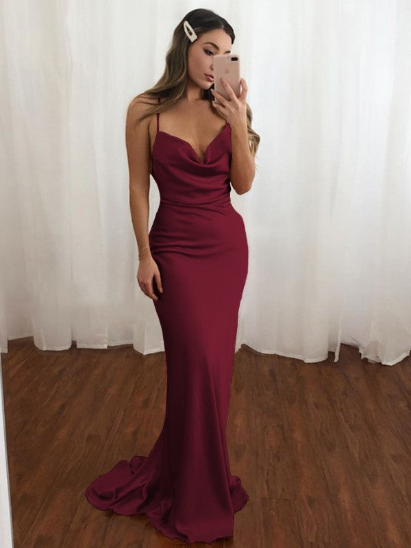 Sheath/Column NS Elastic Woven Satin Spaghetti Straps Ruched Sleeveless Sweep/Brush Train Bridesmaid Dresses