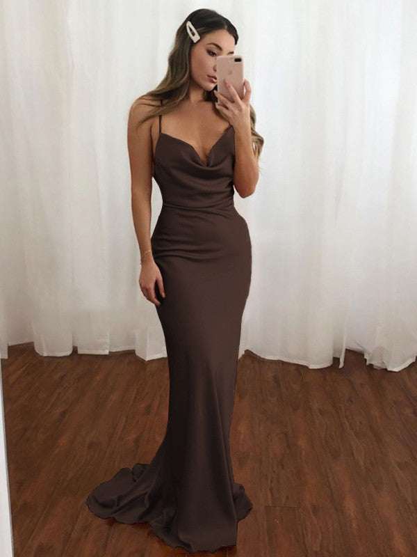 Sheath/Column NS Elastic Woven Satin Spaghetti Straps Ruched Sleeveless Sweep/Brush Train Bridesmaid Dresses