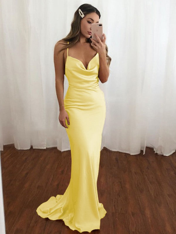 Sheath/Column NS Elastic Woven Satin Spaghetti Straps Ruched Sleeveless Sweep/Brush Train Bridesmaid Dresses