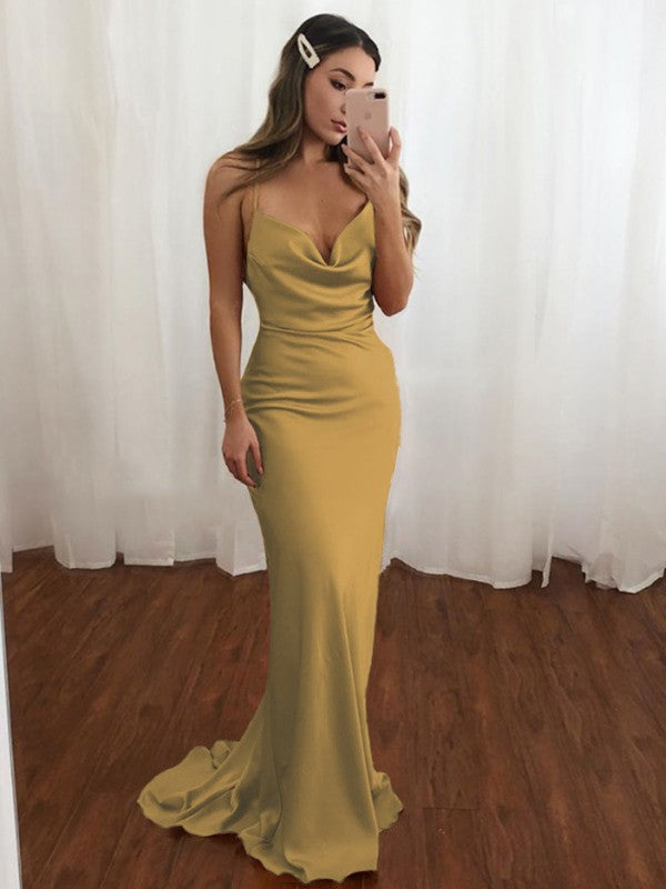 Sheath/Column NS Elastic Woven Satin Spaghetti Straps Ruched Sleeveless Sweep/Brush Train Bridesmaid Dresses