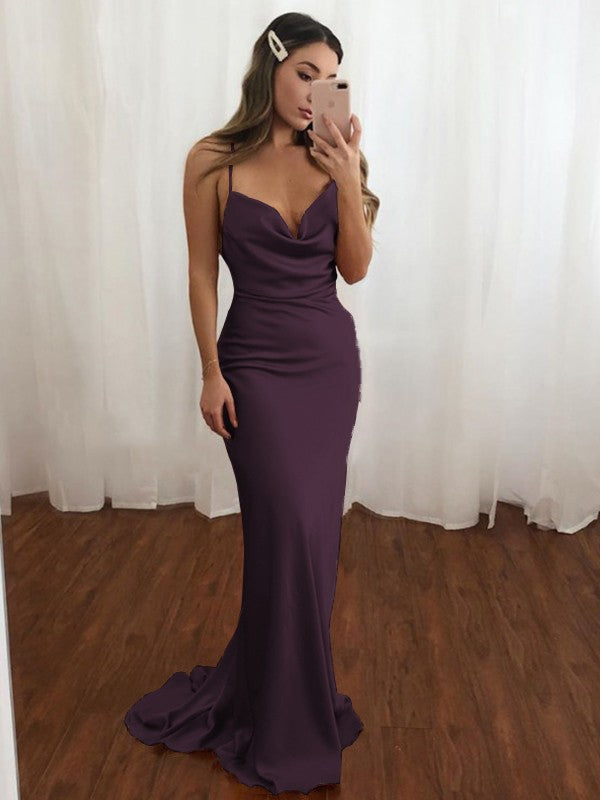 Sheath/Column NS Elastic Woven Satin Spaghetti Straps Ruched Sleeveless Sweep/Brush Train Bridesmaid Dresses