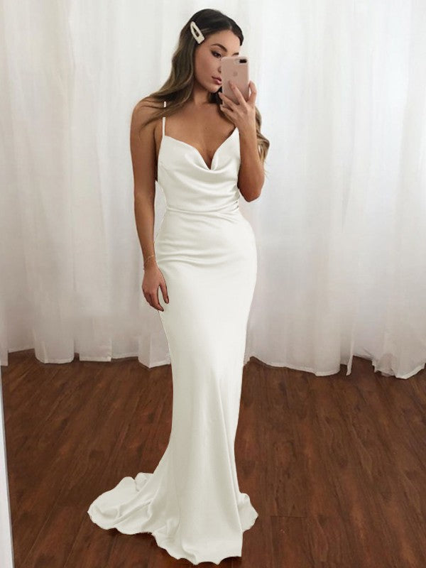 Sheath/Column NS Elastic Woven Satin Spaghetti Straps Ruched Sleeveless Sweep/Brush Train Bridesmaid Dresses