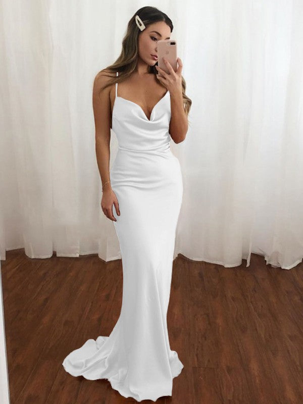 Sheath/Column NS Elastic Woven Satin Spaghetti Straps Ruched Sleeveless Sweep/Brush Train Bridesmaid Dresses