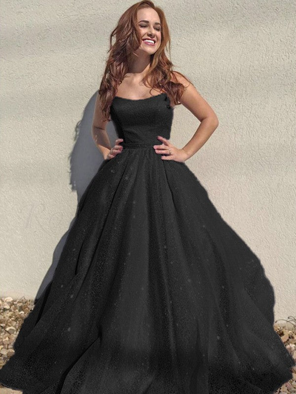 A-Line/Princess Square Tulle Sleeveless Ruffles Floor-Length Prom Dress
