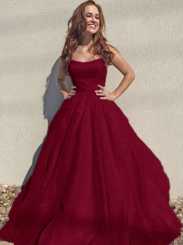 A-Line/Princess Square Tulle Sleeveless Ruffles Floor-Length Prom Dress