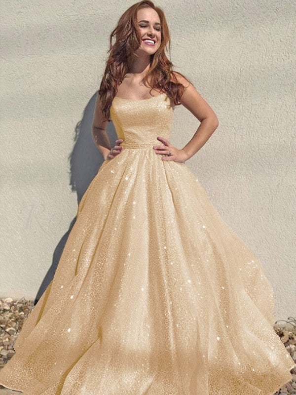 A-Line/Princess Square Tulle Sleeveless Ruffles Floor-Length Prom Dress