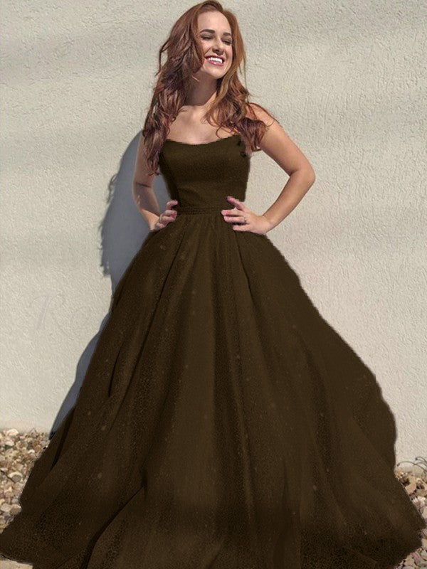 A-Line/Princess Square Tulle Sleeveless Ruffles Floor-Length Prom Dress