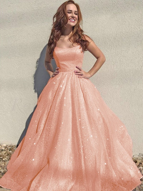 A-Line/Princess Square Tulle Sleeveless Ruffles Floor-Length Prom Dress