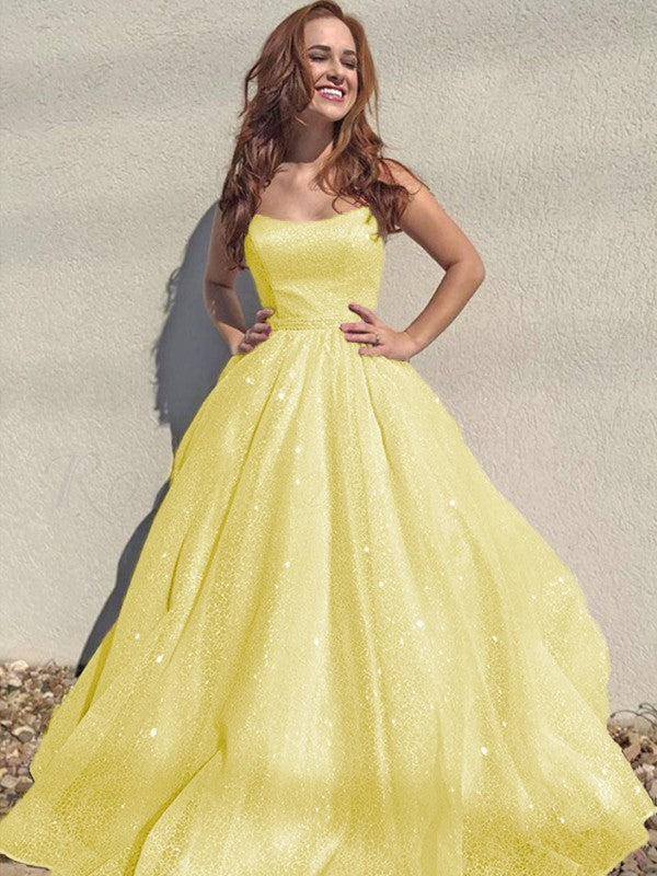 A-Line/Princess Square Tulle Sleeveless Ruffles Floor-Length Prom Dress