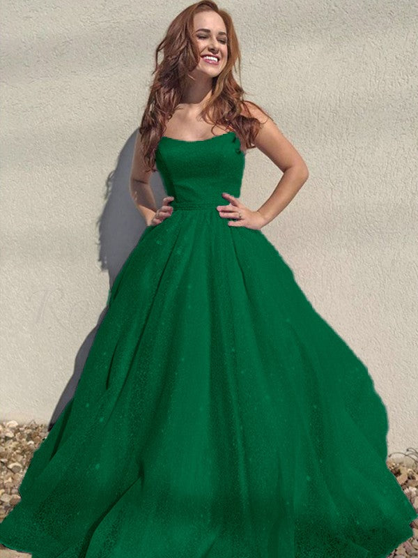 A-Line/Princess Square Tulle Sleeveless Ruffles Floor-Length Prom Dress