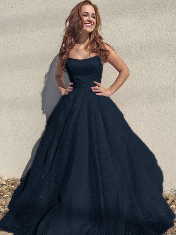 A-Line/Princess Square Tulle Sleeveless Ruffles Floor-Length Prom Dress