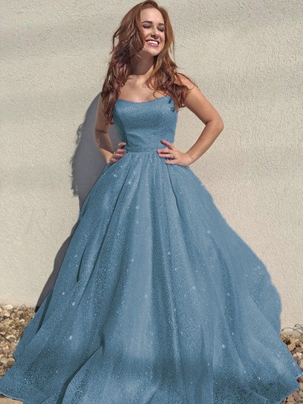 A-Line/Princess Square Tulle Sleeveless Ruffles Floor-Length Prom Dress