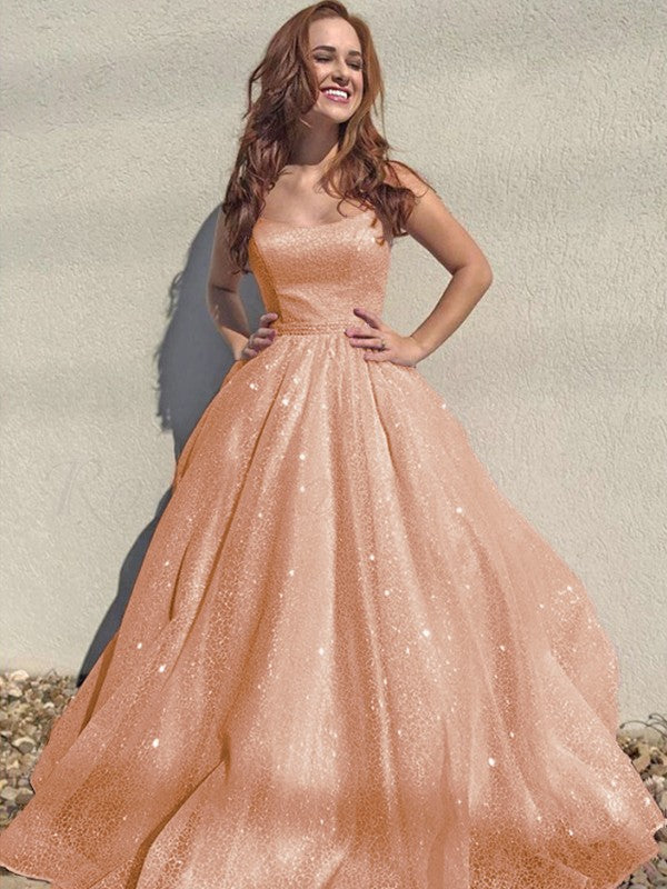 A-Line/Princess Square Tulle Sleeveless Ruffles Floor-Length Prom Dress