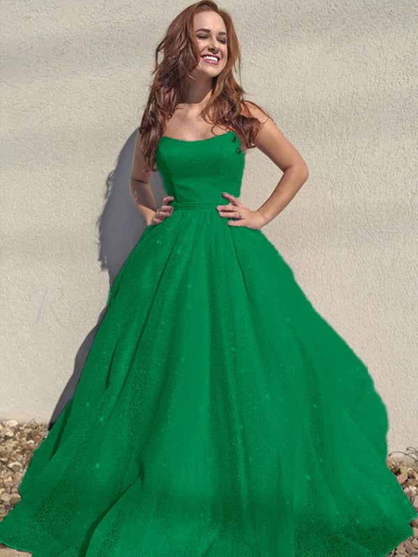 A-Line/Princess Square Tulle Sleeveless Ruffles Floor-Length Prom Dress