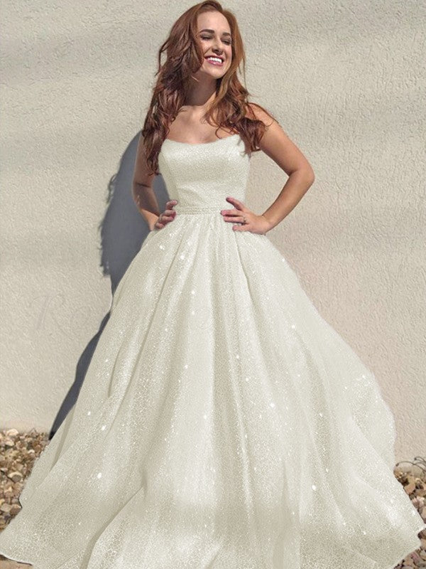 A-Line/Princess Square Tulle Sleeveless Ruffles Floor-Length Prom Dress