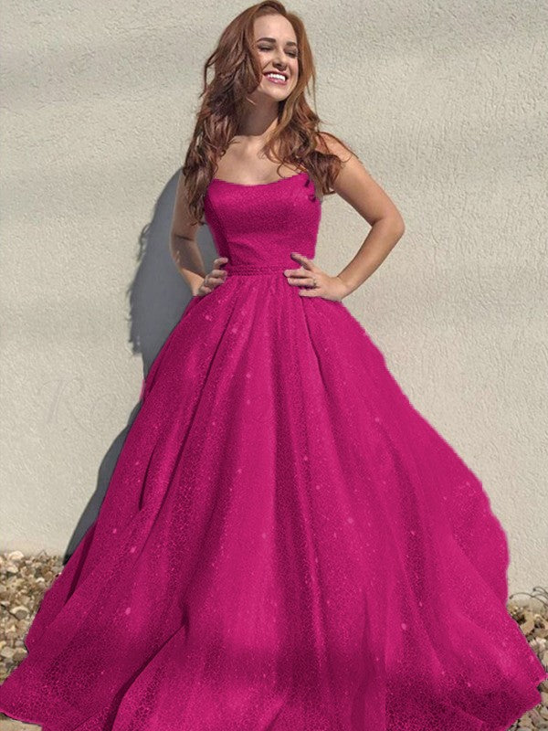 A-Line/Princess Square Tulle Sleeveless Ruffles Floor-Length Prom Dress