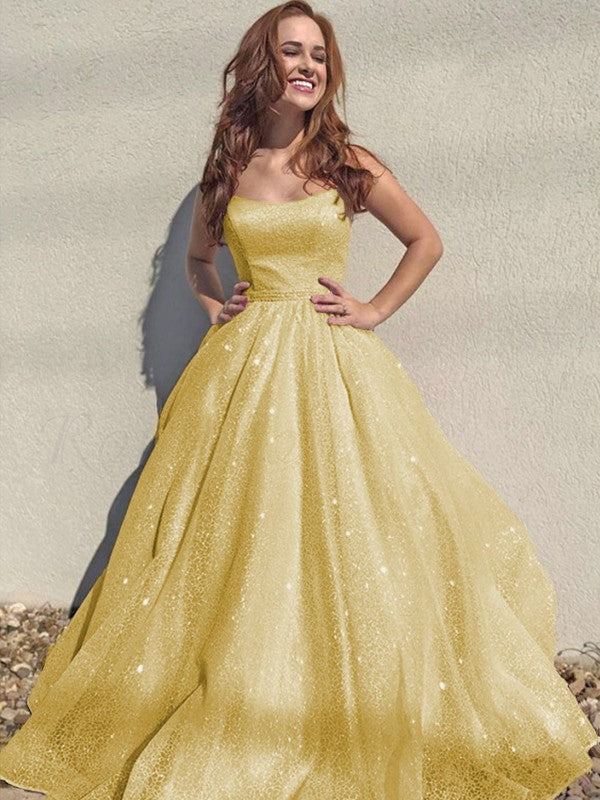A-Line/Princess Square Tulle Sleeveless Ruffles Floor-Length Prom Dress