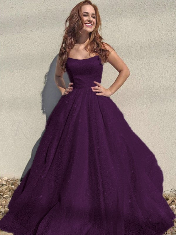 A-Line/Princess Square Tulle Sleeveless Ruffles Floor-Length Prom Dress
